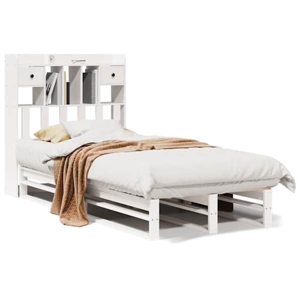 vidaXL riiuliga voodiraam ilma madratsita, valge, 75x190 cm, m&auml;nnipuit