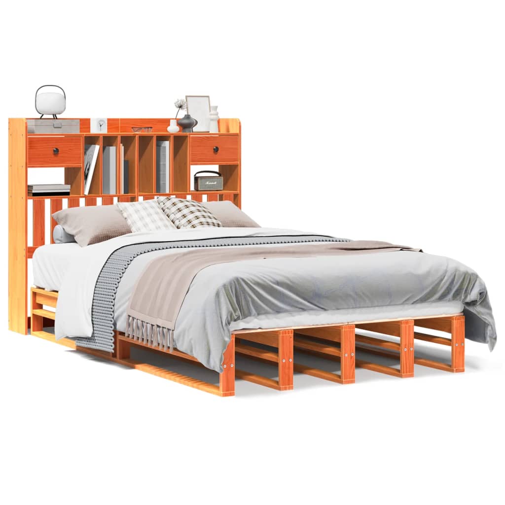 Thumbnail - vidaXL Massivholzbett mit Regal ohne Matratze Wachsbraun 135x190 cm