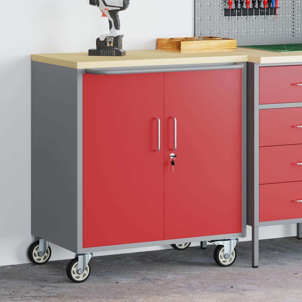 Armoire à outils avec roulettes et portes rouges sécurisées 75x45x85 cm en acier