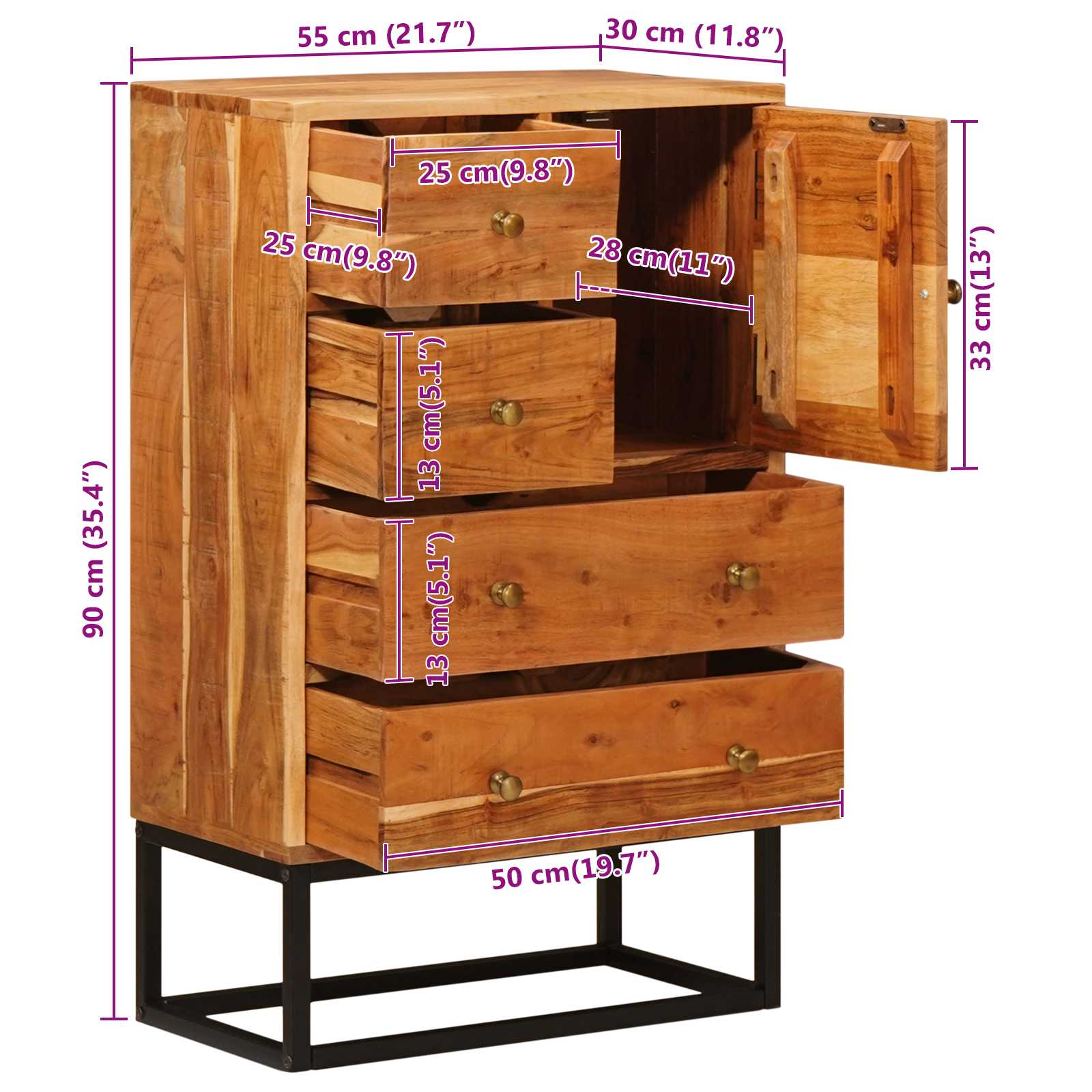 Ladekast met lade Naturel 55 x 30 x 90 cm Massief Acaciahout image 15