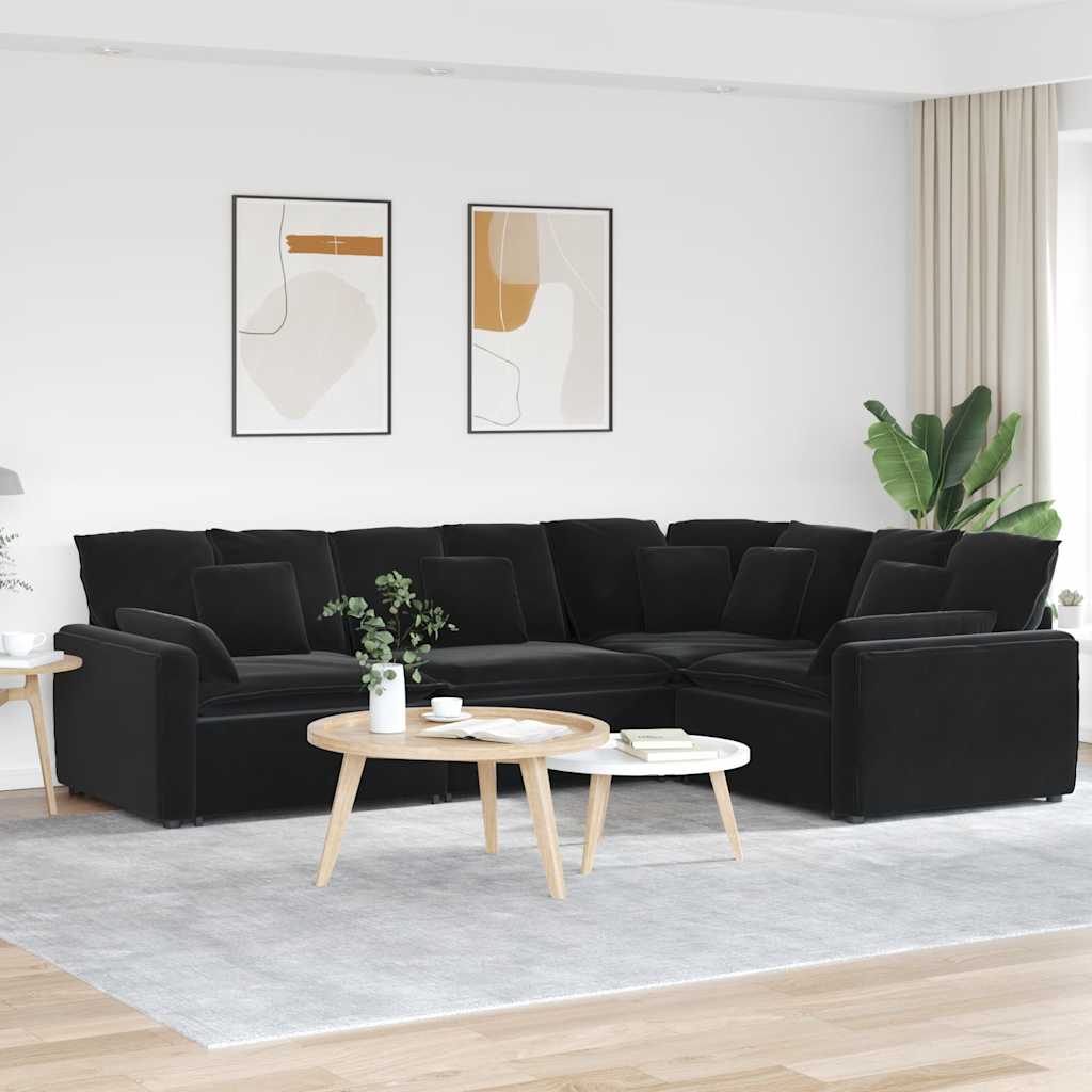 Modulsofa i fløjl med hynder - sort, L-form, 4 dele