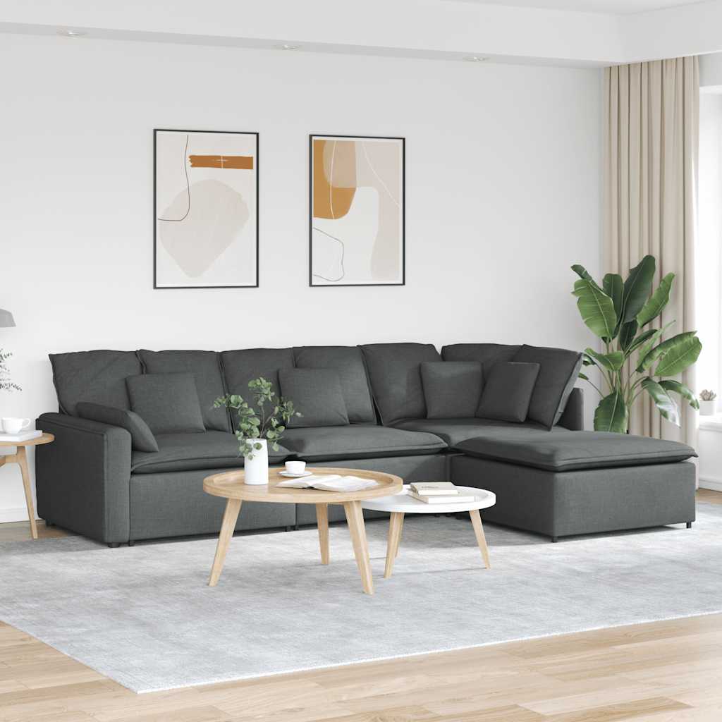 Modulsofa med chaiselong og hynder i stof - mørkegrå, L-form
