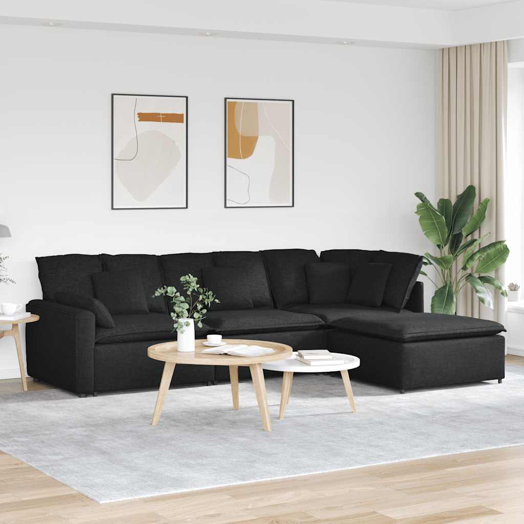Modulsofa med chaiselong og hynder - stof, sort, L-form