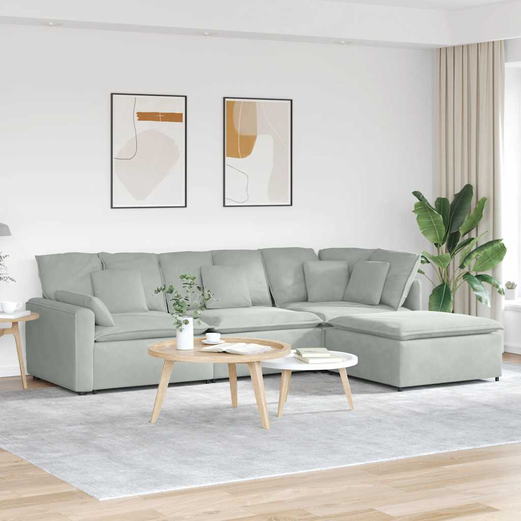 Modulsofa i fløjl med fodskammel og hynder - lysegrå L-form