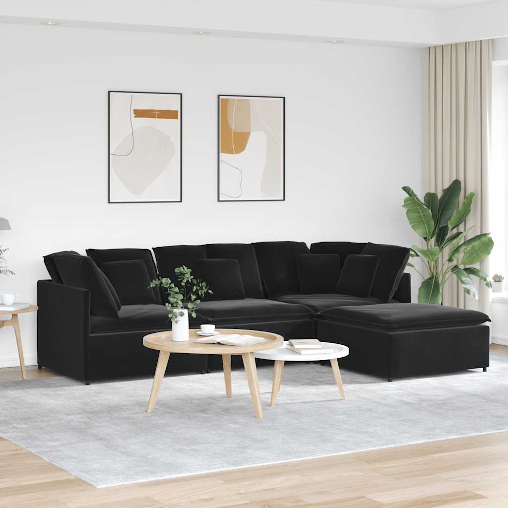 Sofá modular com pufes e almofadas veludo preto