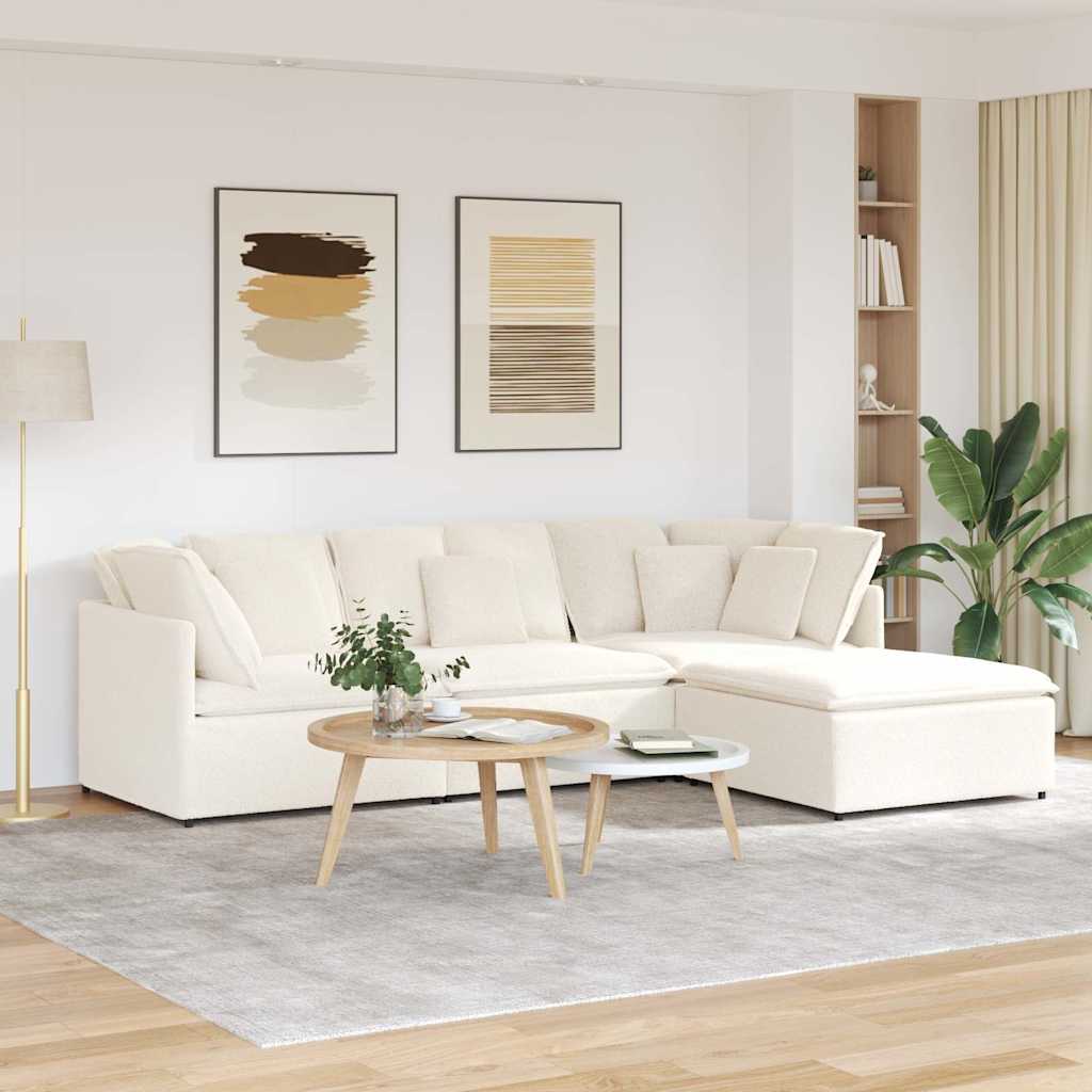 vidaXL Modulares Sofa mit Hocker Kissen Stoff in Lammwolloptik Creme