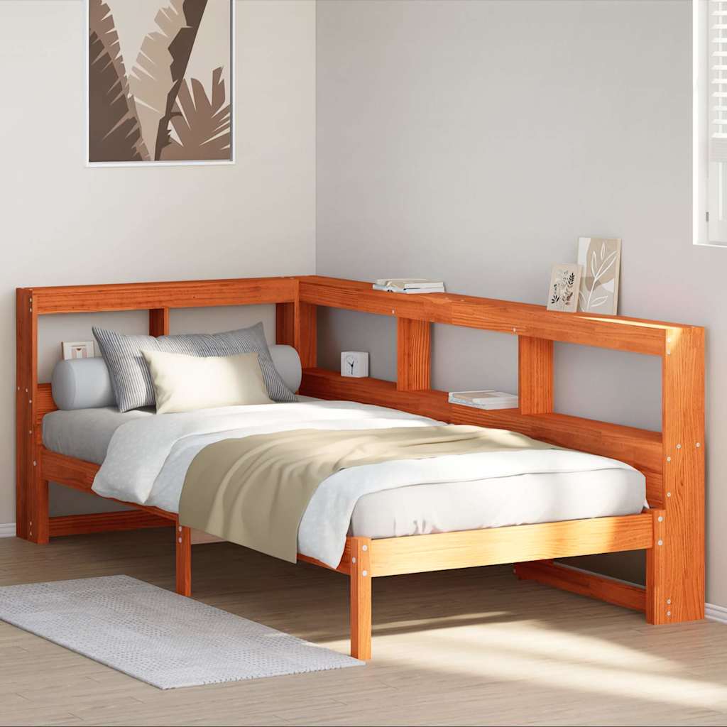 vidaXL Massivholzbett mit Regal ohne Matratze Wachsbraun 90x200 cm