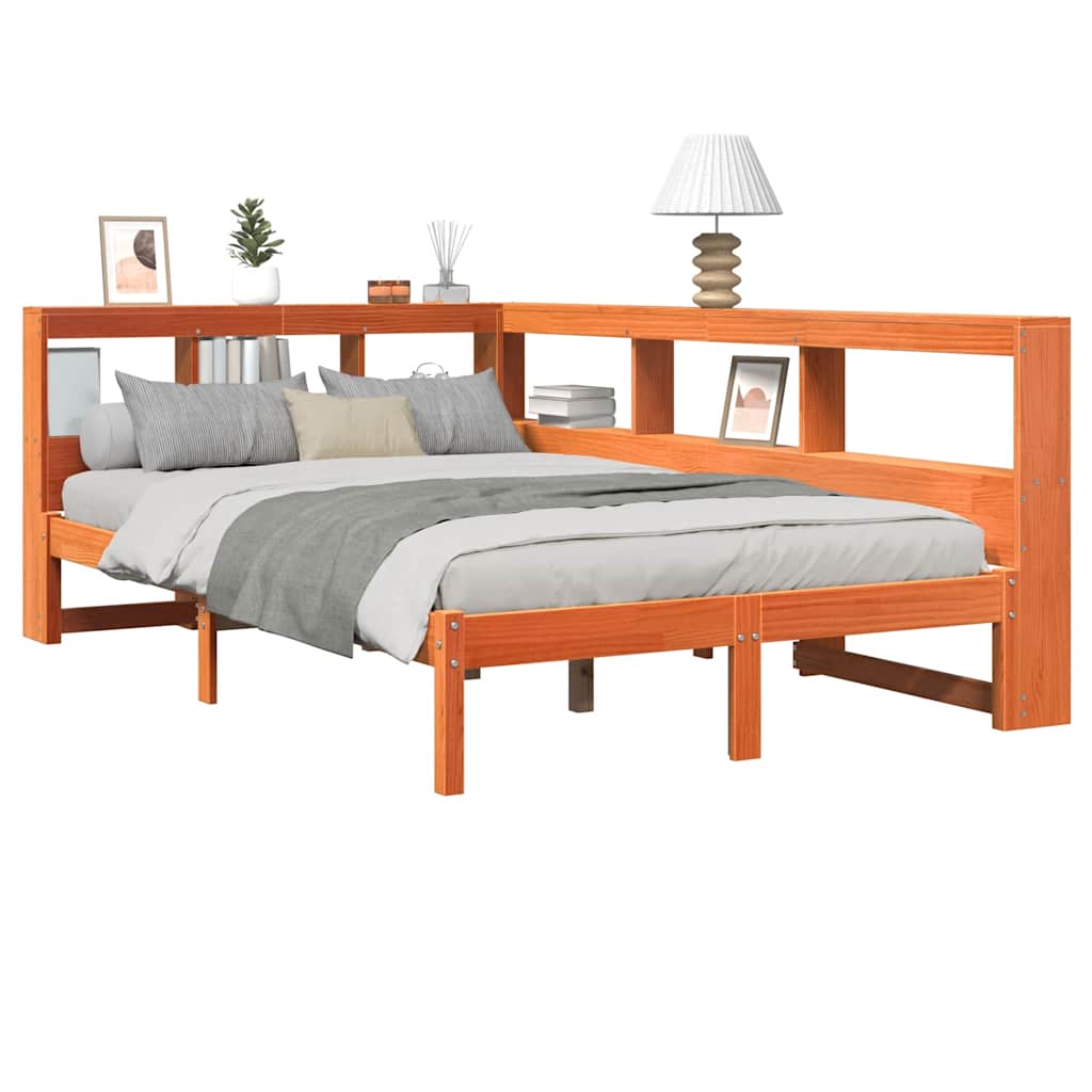 vidaXL Bed met boekenkast zonder matras grenenhout wasbruin 135x190 cm afbeelding