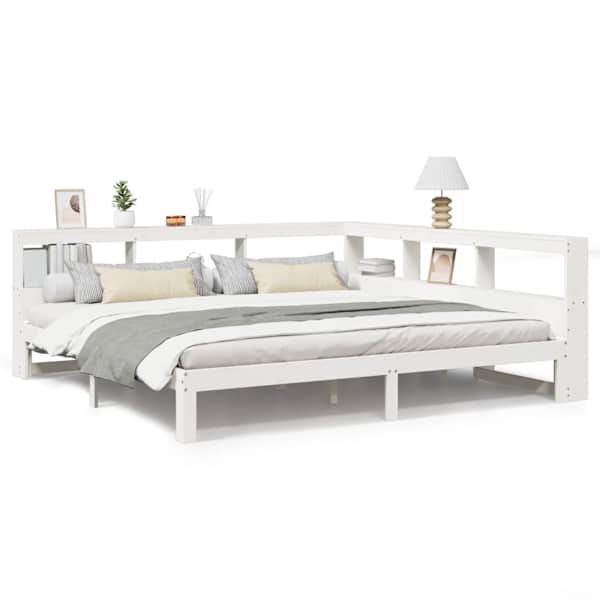 vidaXL riiuliga voodiraam ilma madratsita, valge, 200x200cm, m&auml;nnipuit