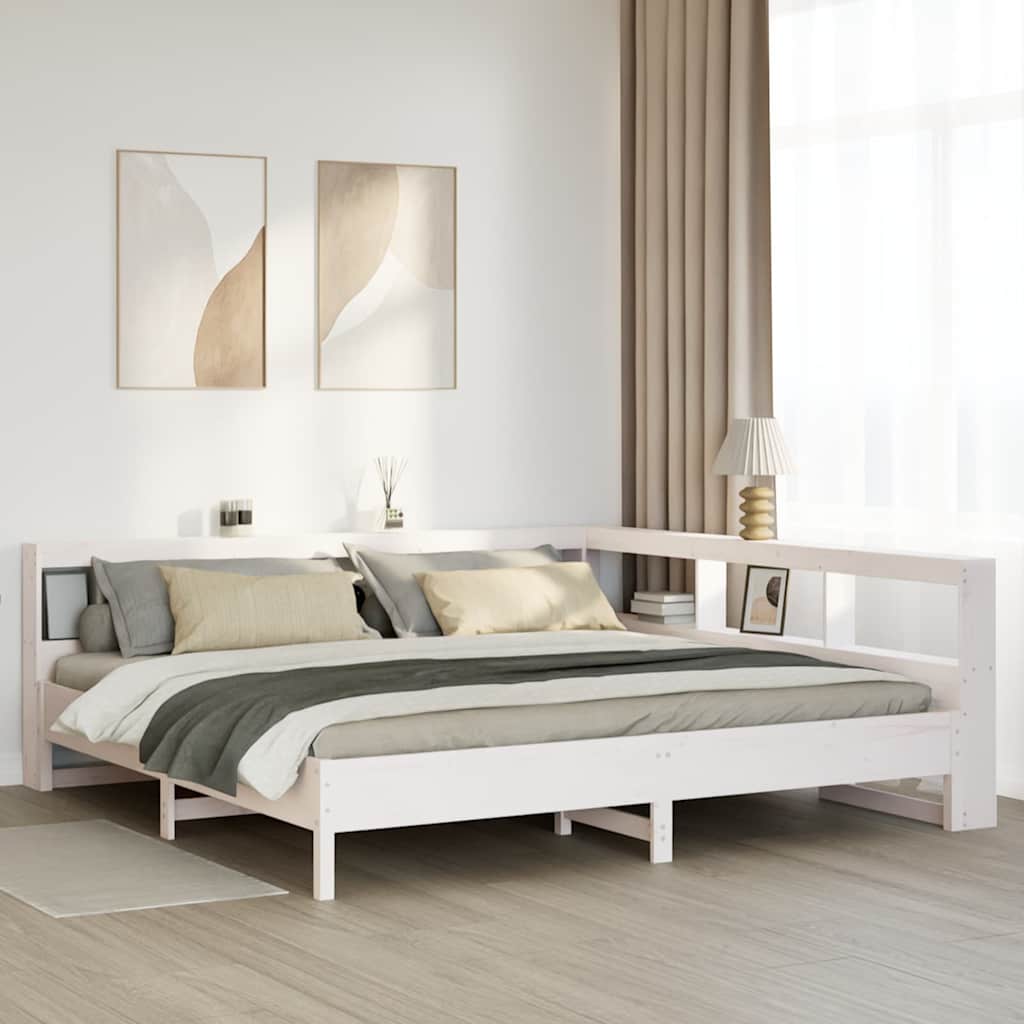 vidaXL Sänky kirjahyllyllä ei patjaa valkoinen 200x200 cm täysi mänty