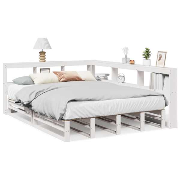 vidaXL riiuliga voodiraam ilma madratsita, valge, 135x190cm, m&auml;nnipuit