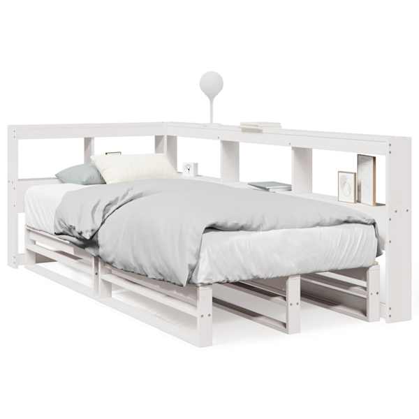 vidaXL riiuliga voodiraam ilma madratsita, valge, 90x190 cm, m&auml;nnipuit