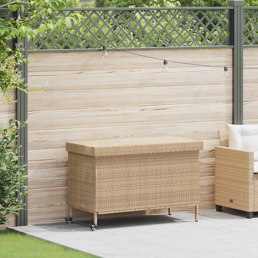 vidaXL Gartentruhe mit Rollen Beige 110x55x73 cm Poly Rattan