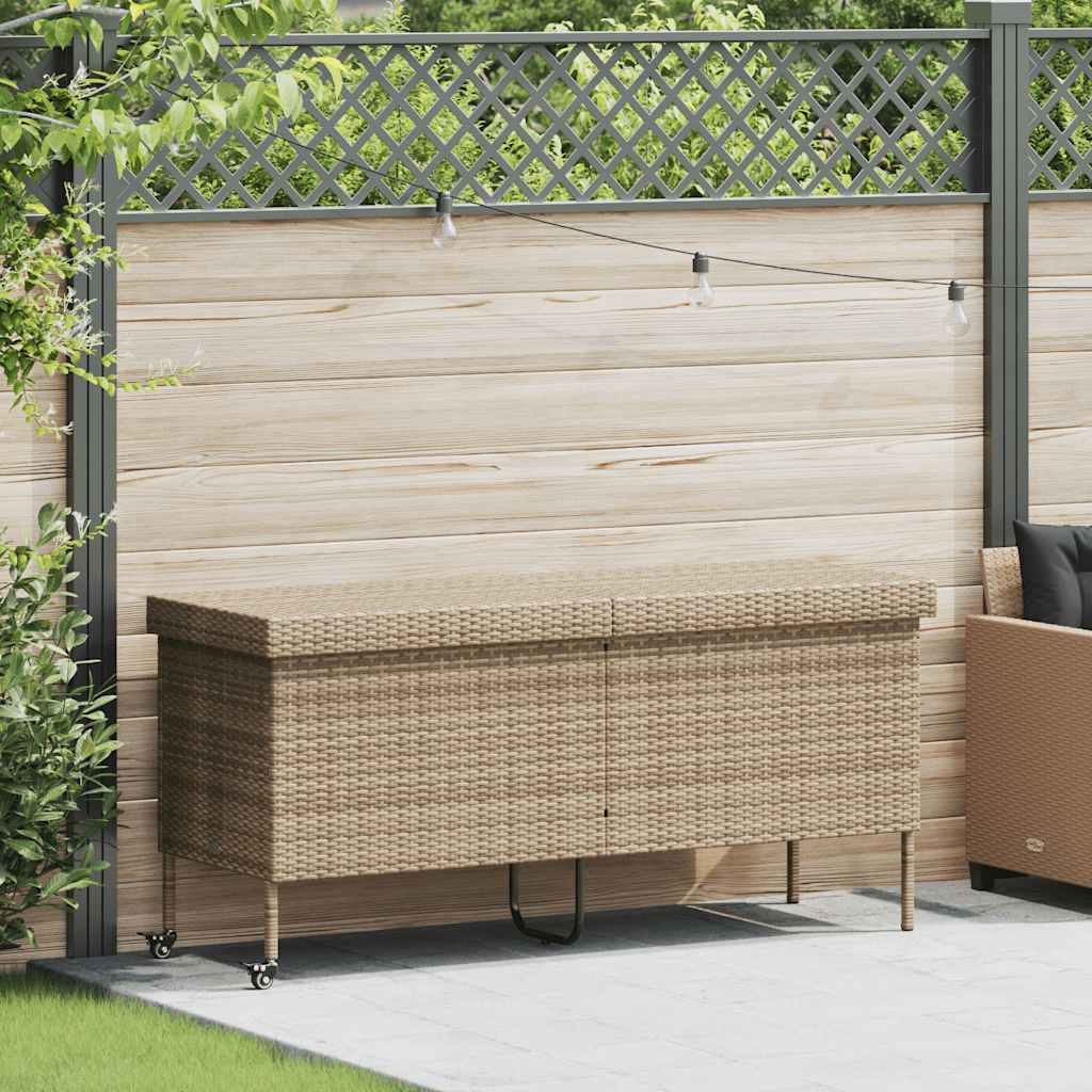 vidaXL Cutie de depozitare grădină cu roți Bej 160x55x75 cm Poly Ratan