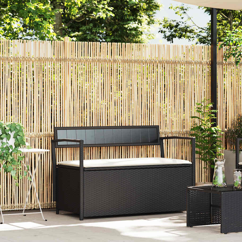 vidaXL Gartenbank mit Stauraum und Kissen Schwarz Poly Rattan