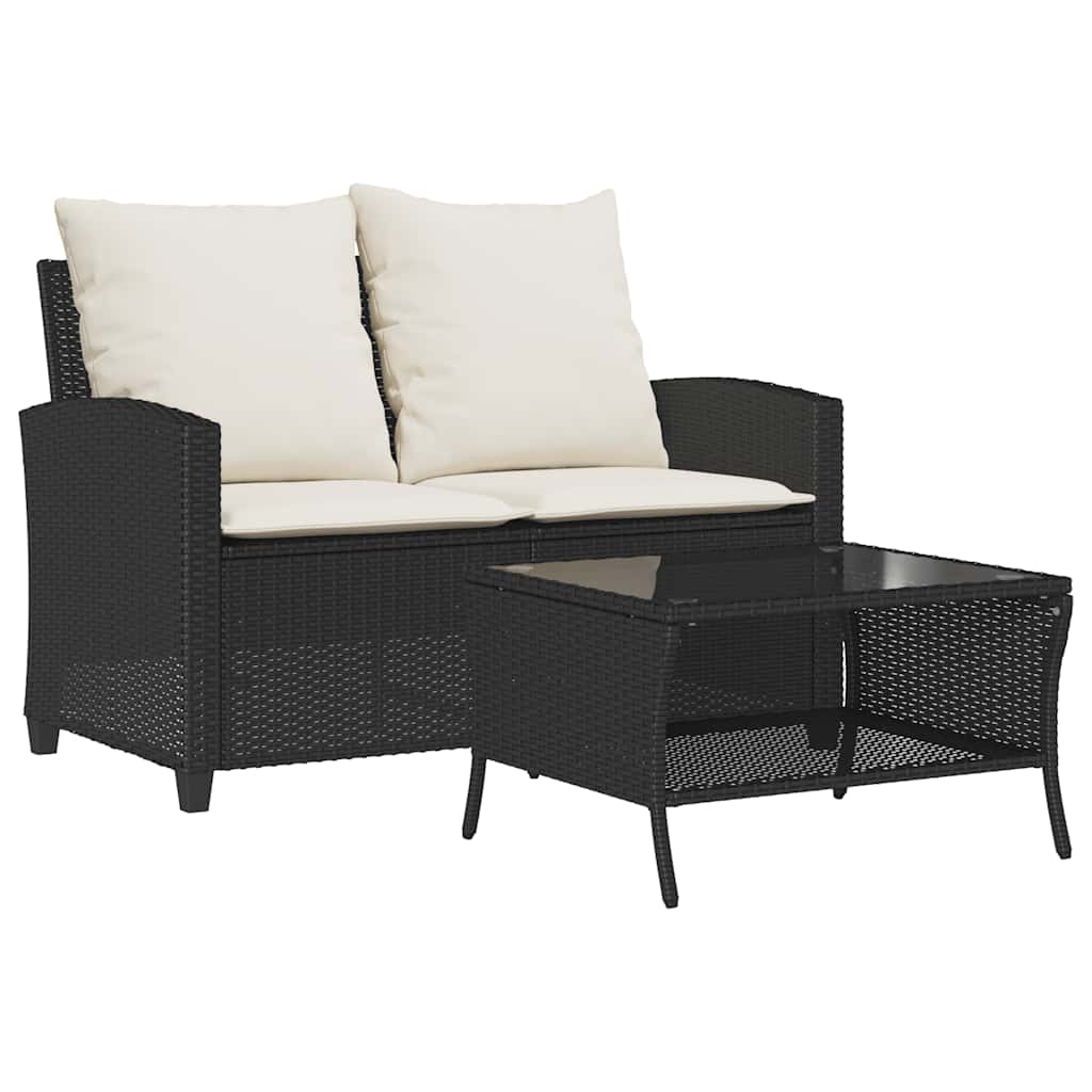 vidaXL Garden Sofa 2-sedežnik z blazinami&Table Black Poly Rattan