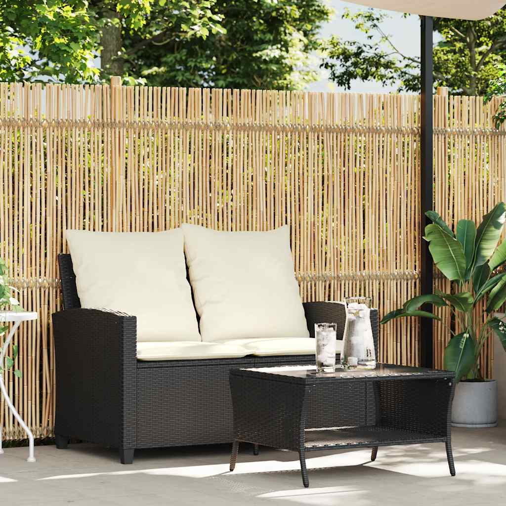 vidaXL Tuinbank 2-zits met kussens & tafel poly rattan zwart afbeelding