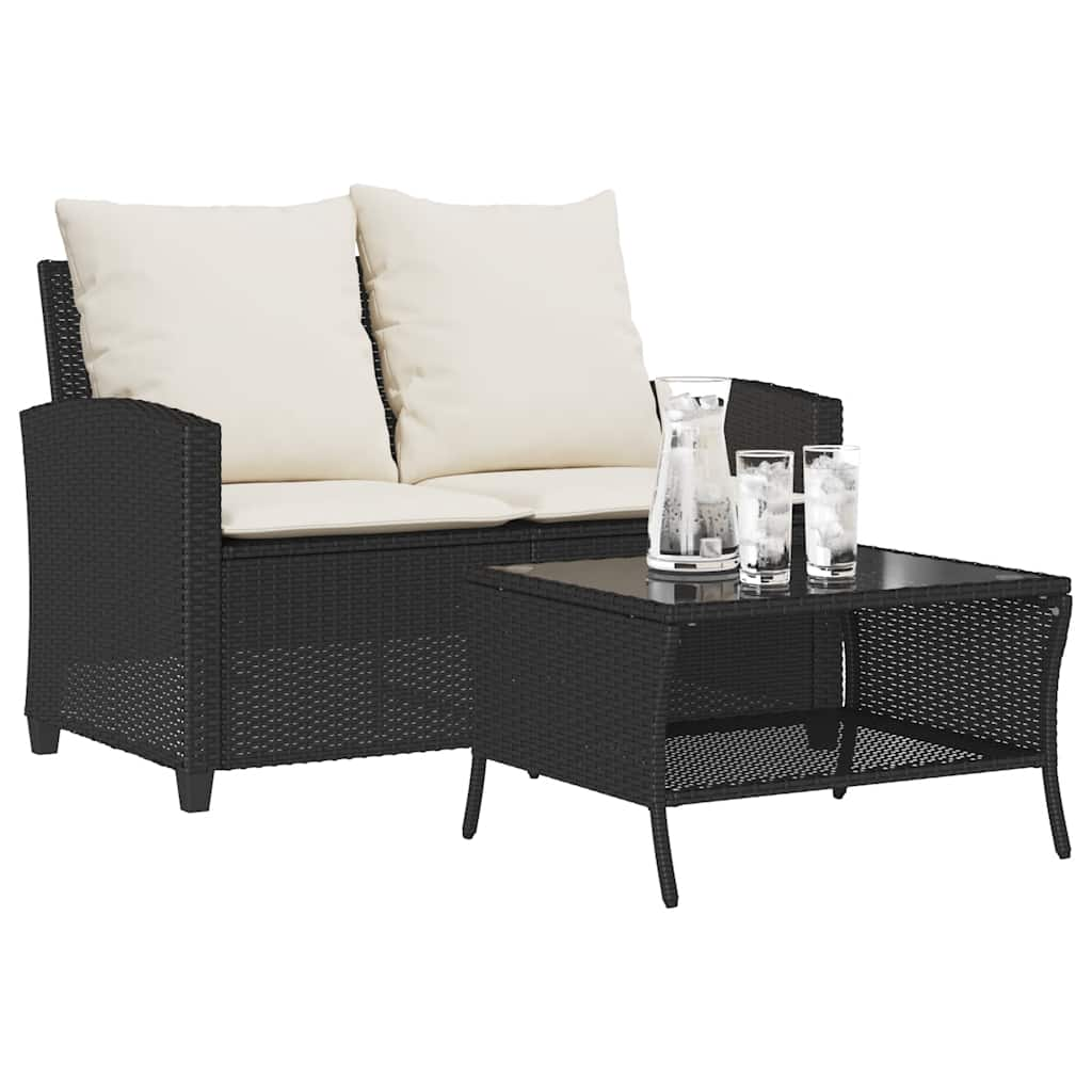 vidaXL Gartensofa 2-Sitzer mit Kissen & Tisch Schwarz Poly Rattan