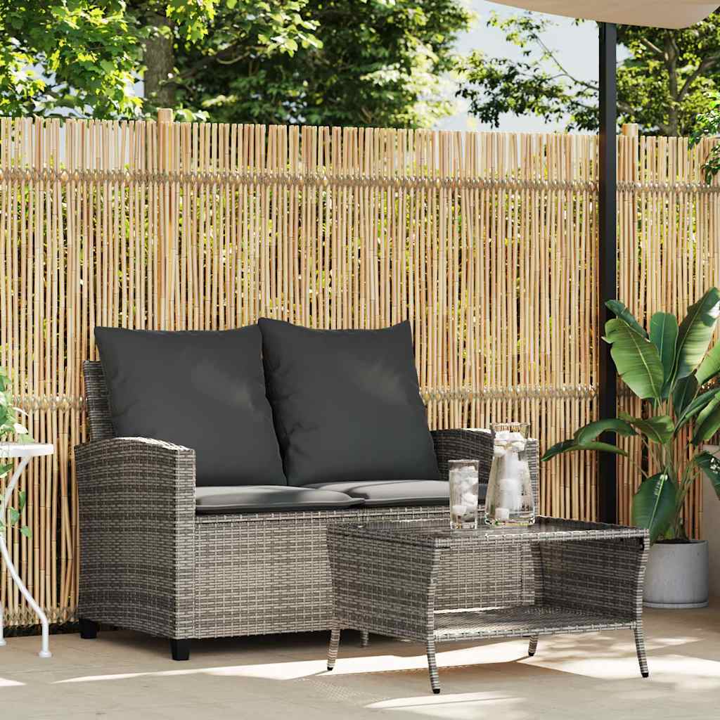 vidaXL Tuinbank 2-zits met kussens & tafel poly rattan grijs afbeelding