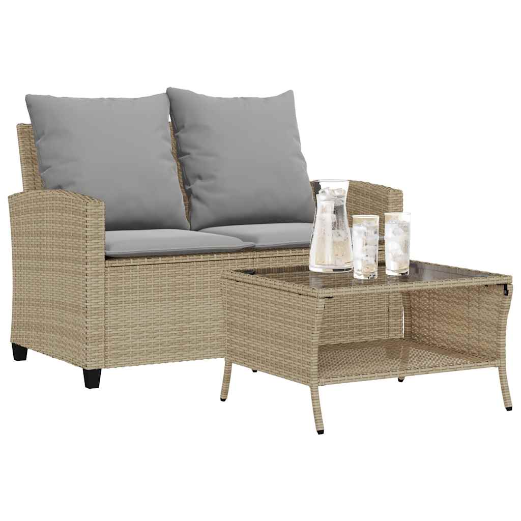 vidaXL Gartensofa 2-Sitzer mit Kissen & Tisch Beige Poly Rattan