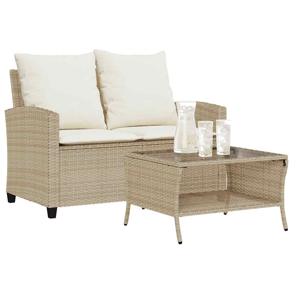 vidaXL Gartensofa 2-Sitzer mit Kissen & Tisch Beige Poly Rattan