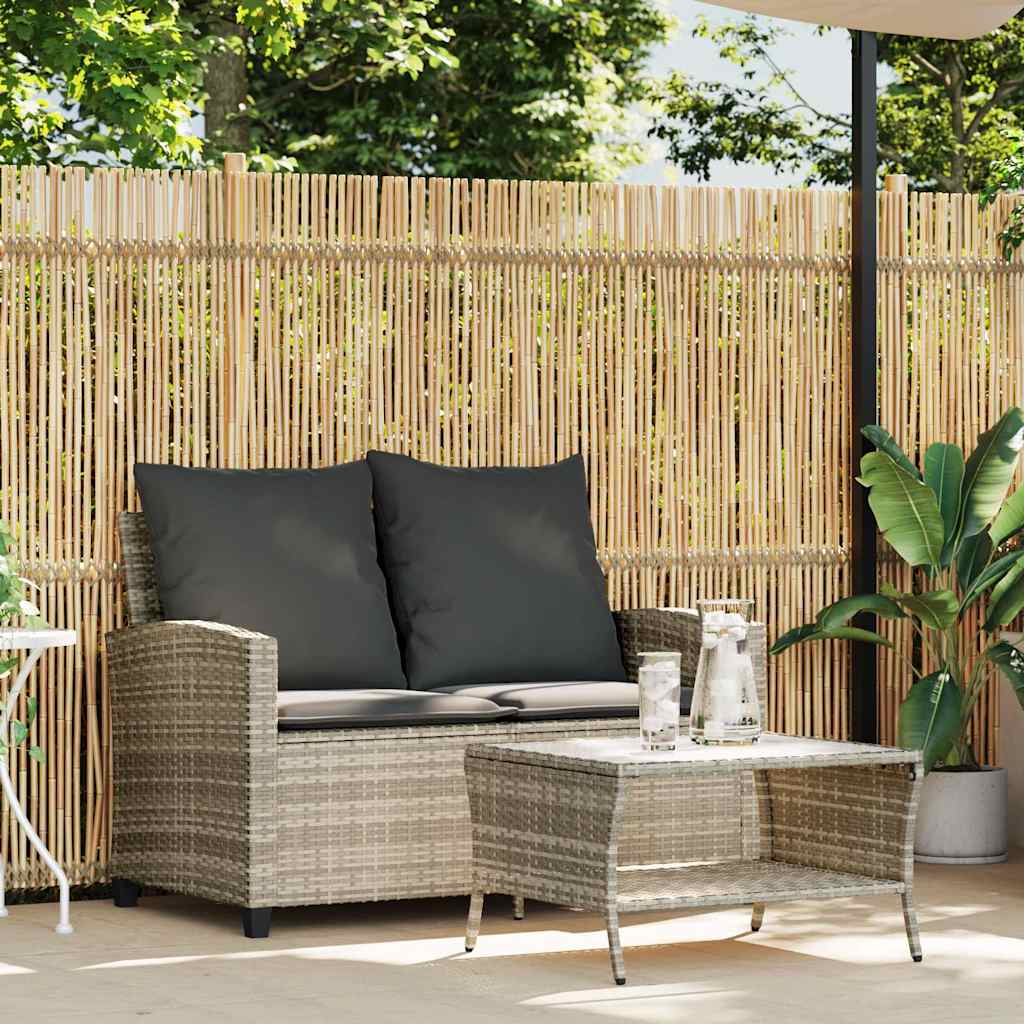 vidaXL Tuinbank 2-zits met kussens & tafel poly rattan lichtgrijs afbeelding