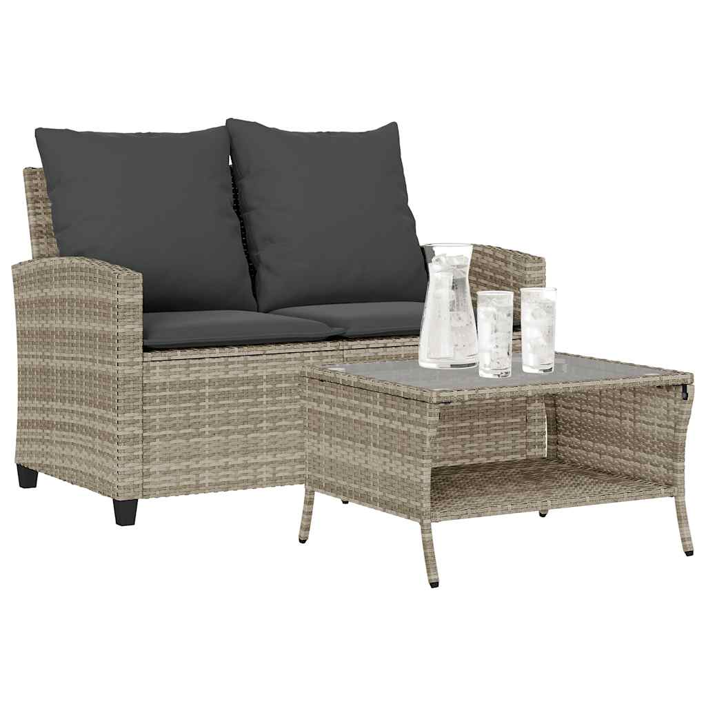 vidaXL Gartensofa 2-Sitzer mit Kissen & Tisch Hellgrau Poly Rattan