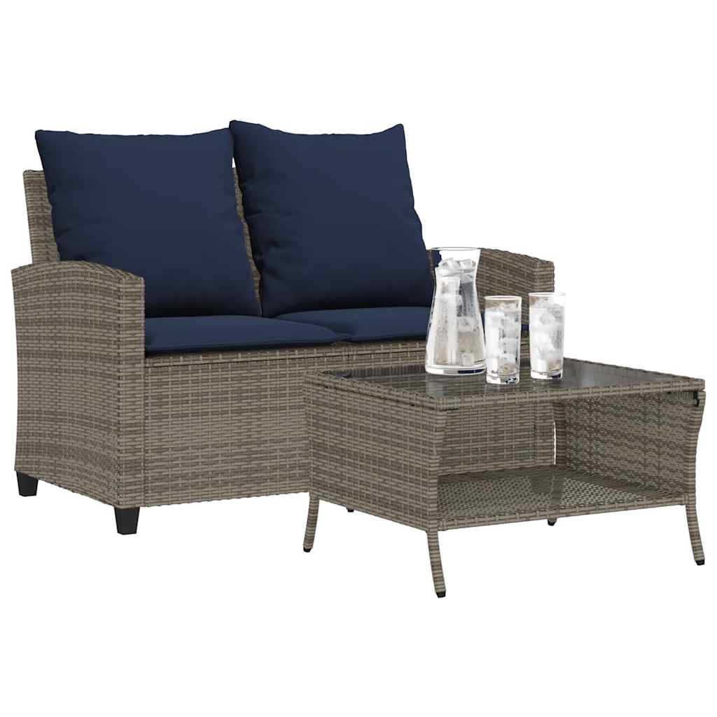 vidaXL Gartensofa 2-Sitzer mit Kissen & Tisch Grau Poly Rattan