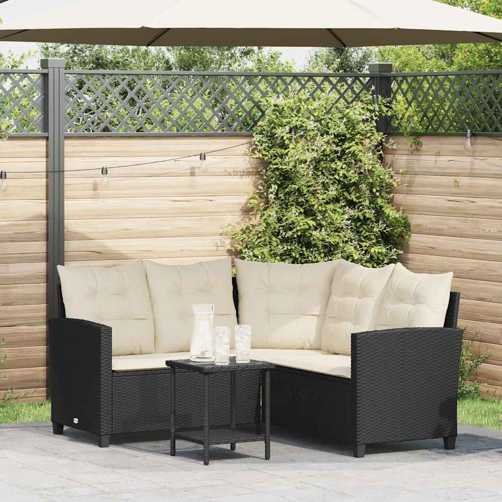 vidaXL Gartensofa in L-Form mit Tisch und Kissen Schwarz Poly Rattan