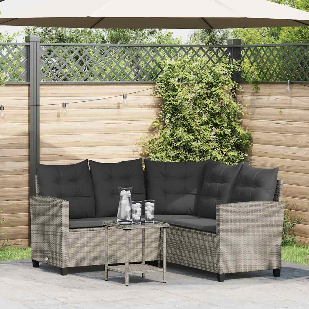 vidaXL Gartensofa in L-Form mit Tisch und Kissen Grau Poly Rattan