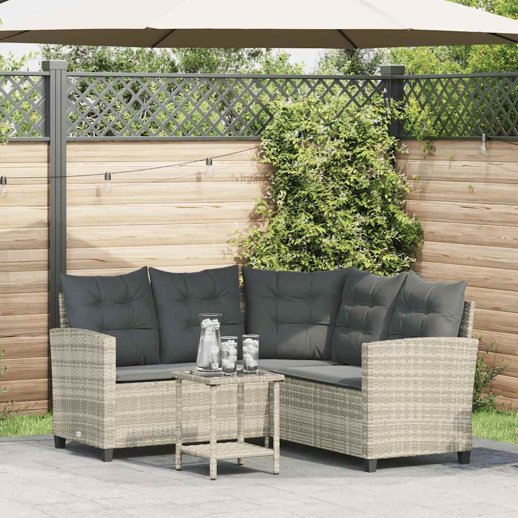 vidaXL Gartensofa in L-Form mit Tisch und Kissen Hellgrau Poly Rattan