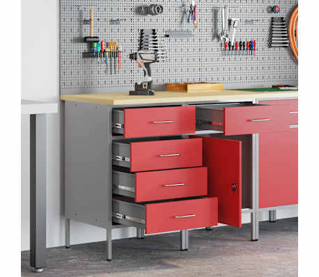 vidaXL Vinnuskápur með skúffu 2 pcs Rautt og grátt 100 x 55 x 85 cm