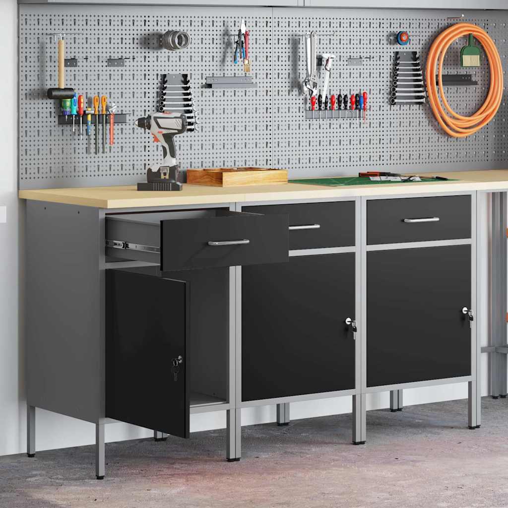 Armoire de boulot vidaXL 3 pcs Noir et Gris en Bois d'ingénierie et Acier