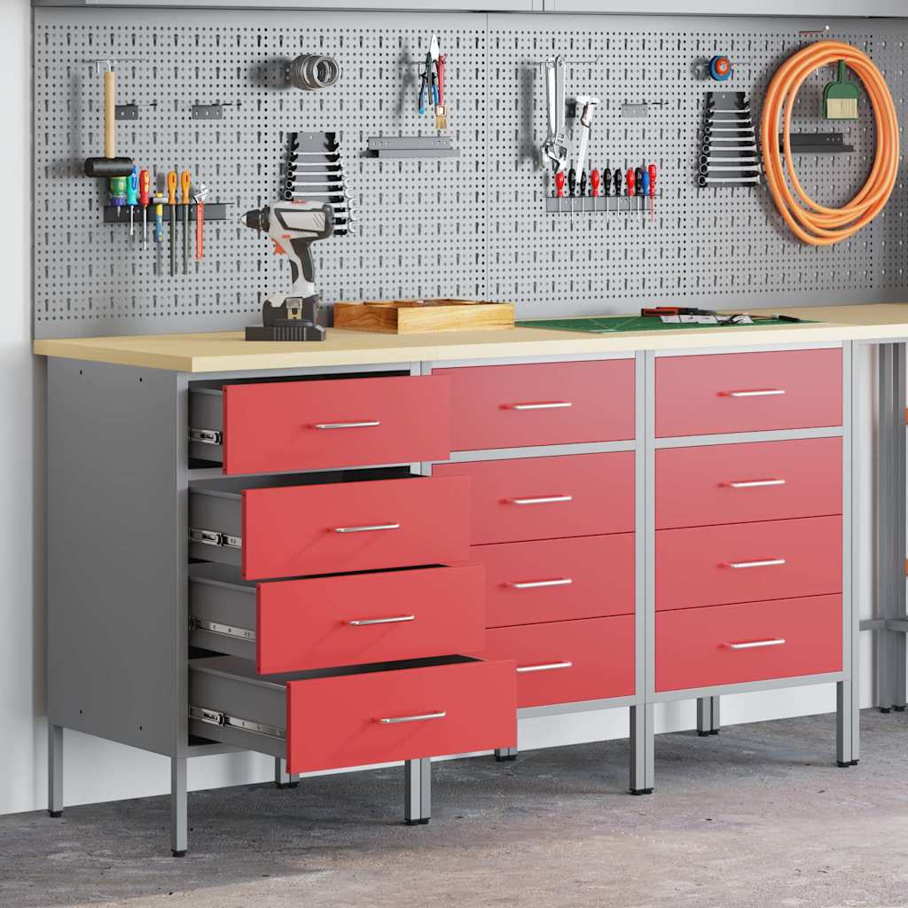 Armoire de travail vidaXL 3 pièces Rouge et Gris en bois d'ingénierie et acier