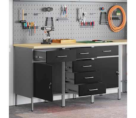 vidaXL 作業キャビネット 引き出し付き 3 pcs 黒とグレー 150 x 55 x 85 cm エンジニアードウッドとスチール