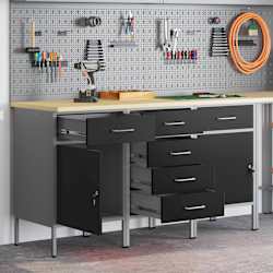 vidaXL 作業キャビネット 引き出し付き 3 pcs 黒とグレー 150 x 55 x 85 cm エンジニアードウッドとスチール
