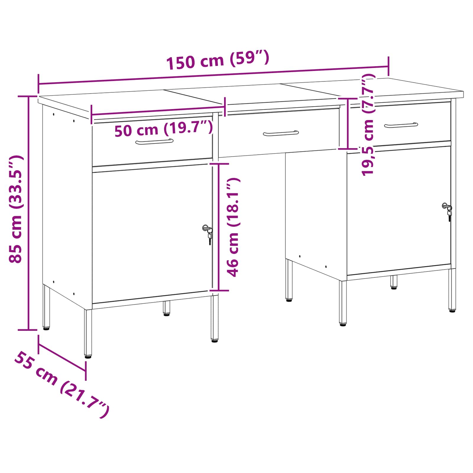 Darba skapis ar atvilktni 3 pcs Melna 150 x 55 x 85 cm