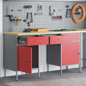 Delovna omara s predalom 3 pcs Rdeča Inženirski les in jeklo