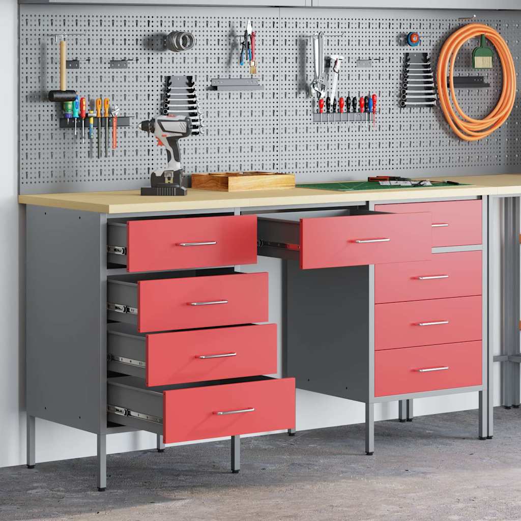 Set de bureau et table 3 pièces en bois d'ingénierie et acier rouge