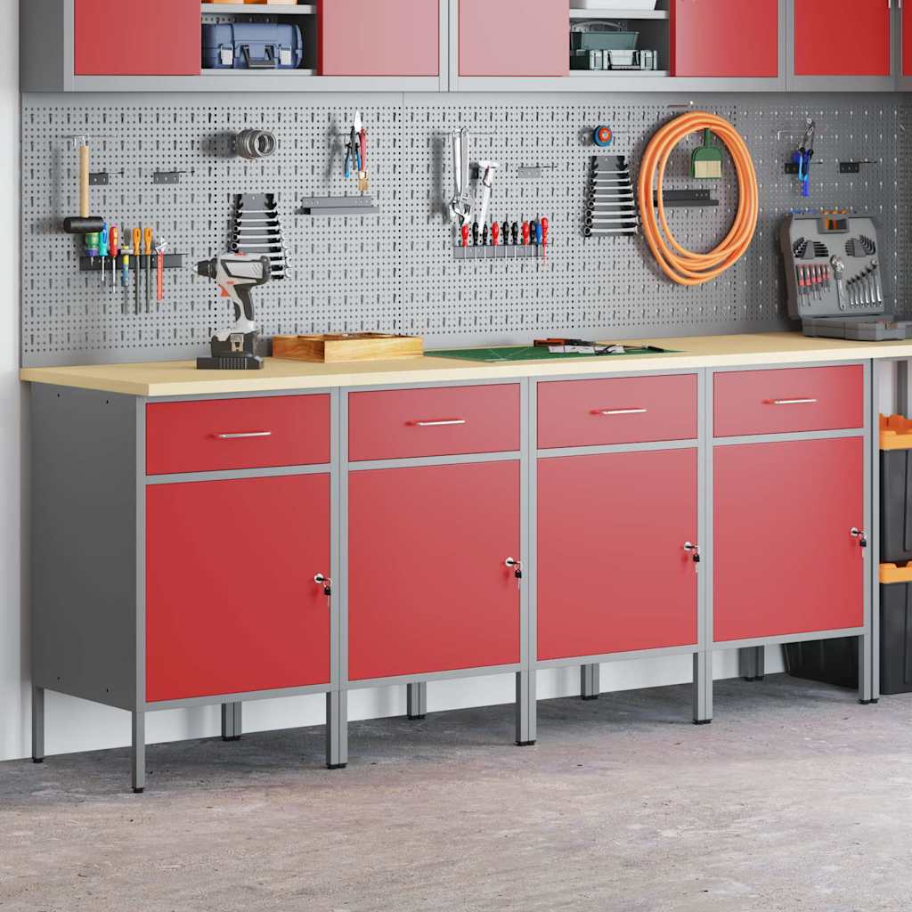Armoire de travail vidaXL 4 pièces Rouge et Gris en bois d'ingénierie et acier