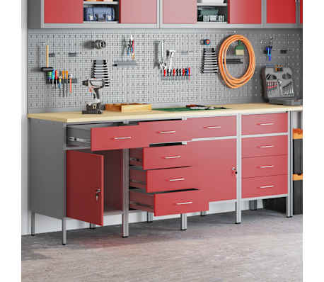 vidaXL Werk Cabinet met lade 4 pcs Rood en Grijs 200 x 55 x 85 cm