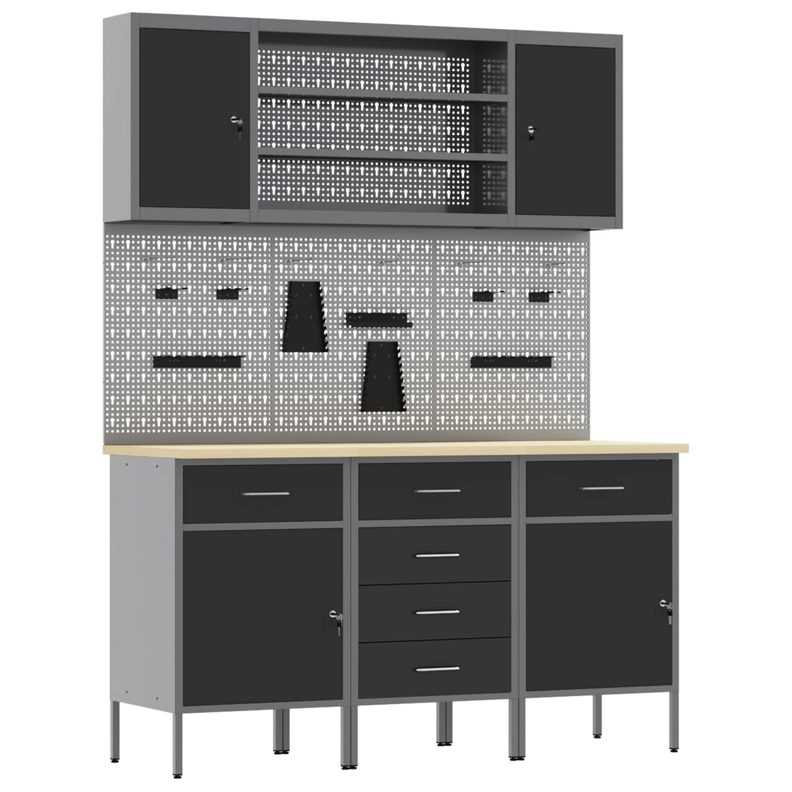 VidaXL Werk Cabinet Met Lade 7 St Zwart Engineered Hout En Staal