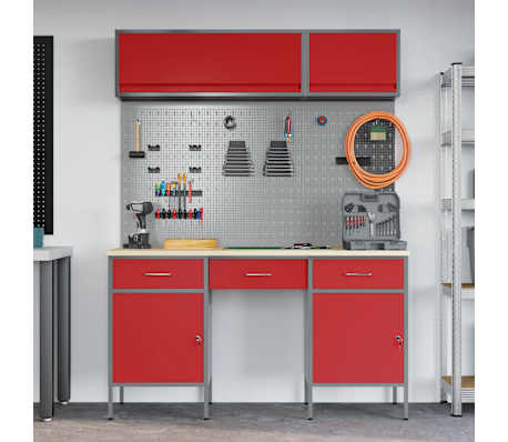 vidaXL Arbeitsschrankset mit Schubladen mit Speicher 8 pcs Rot