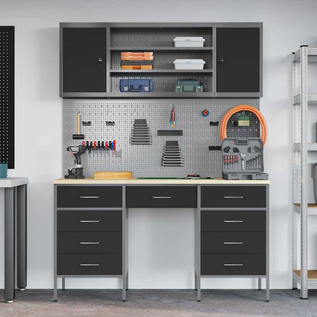 Ensemble de bureau et panneau de rangement 7 pièces noir MDF et métal