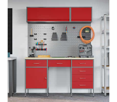 vidaXL Arbeitsschrankset mit Schubladen mit Speicher 8 pcs Rot