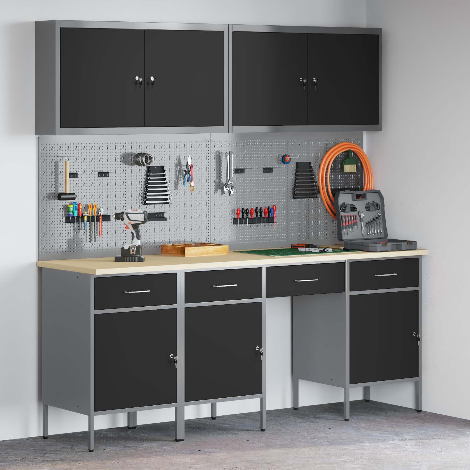 vidaXL Werkbank mit Speicher 10 pcs Schwarz Ingenieure Holz und Stahl