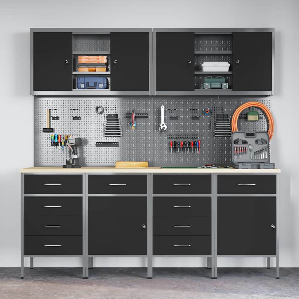 10 Stykker Arbejdsskabe og Pegboard Sæt Sort MDF og Metal