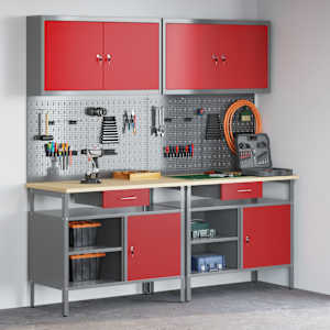 Komplet delovne mize 8 pcs Rdeča in siva Prašno lakirano jeklo