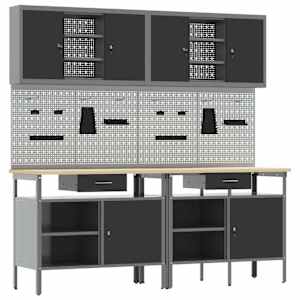 Komplet delovne mize 8 pcs Rdeča in siva Prašno lakirano jeklo