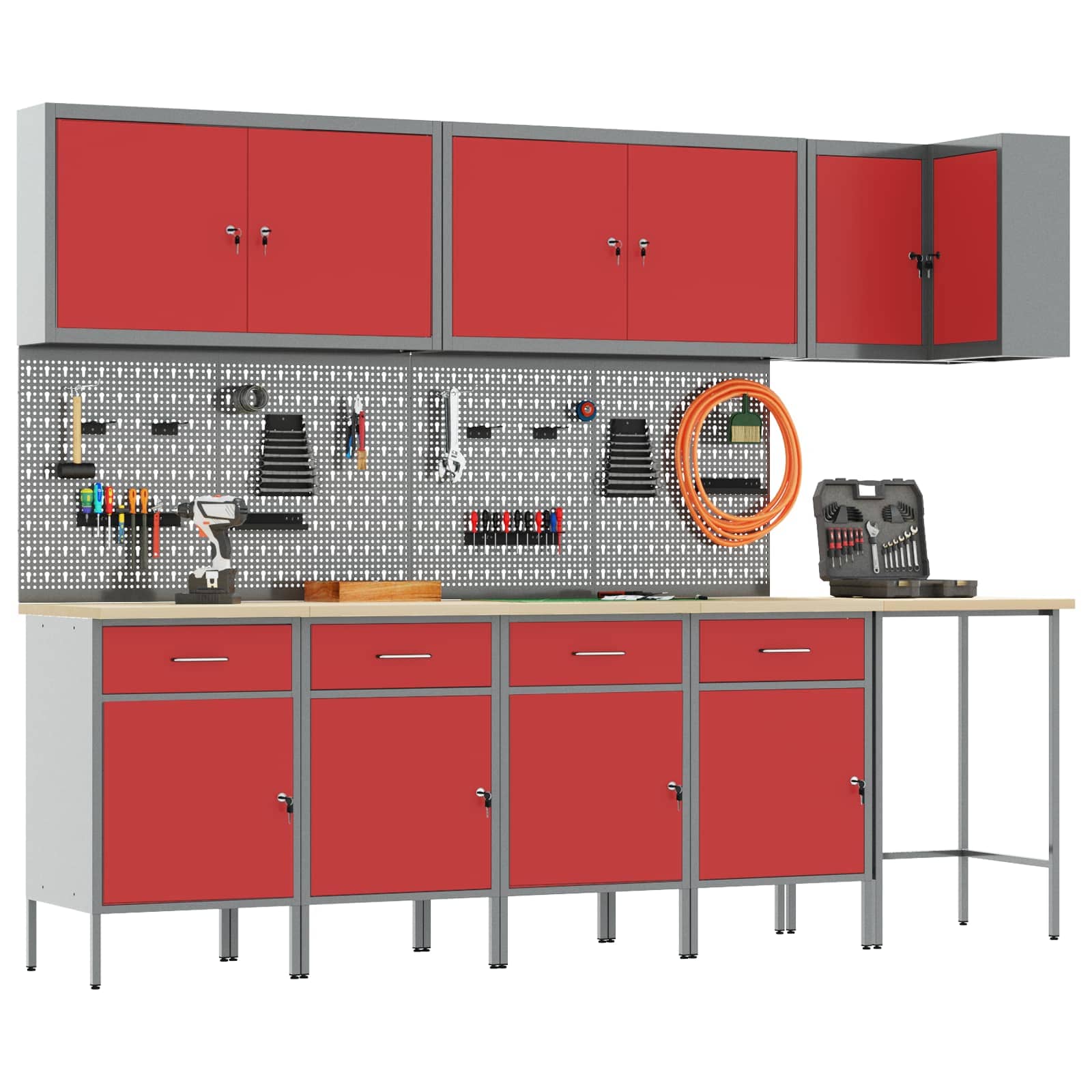 vidaXL - Werkkast - Set - met - lade - met - plank - met - opslag - 12 - st - Rood - en - Grijs